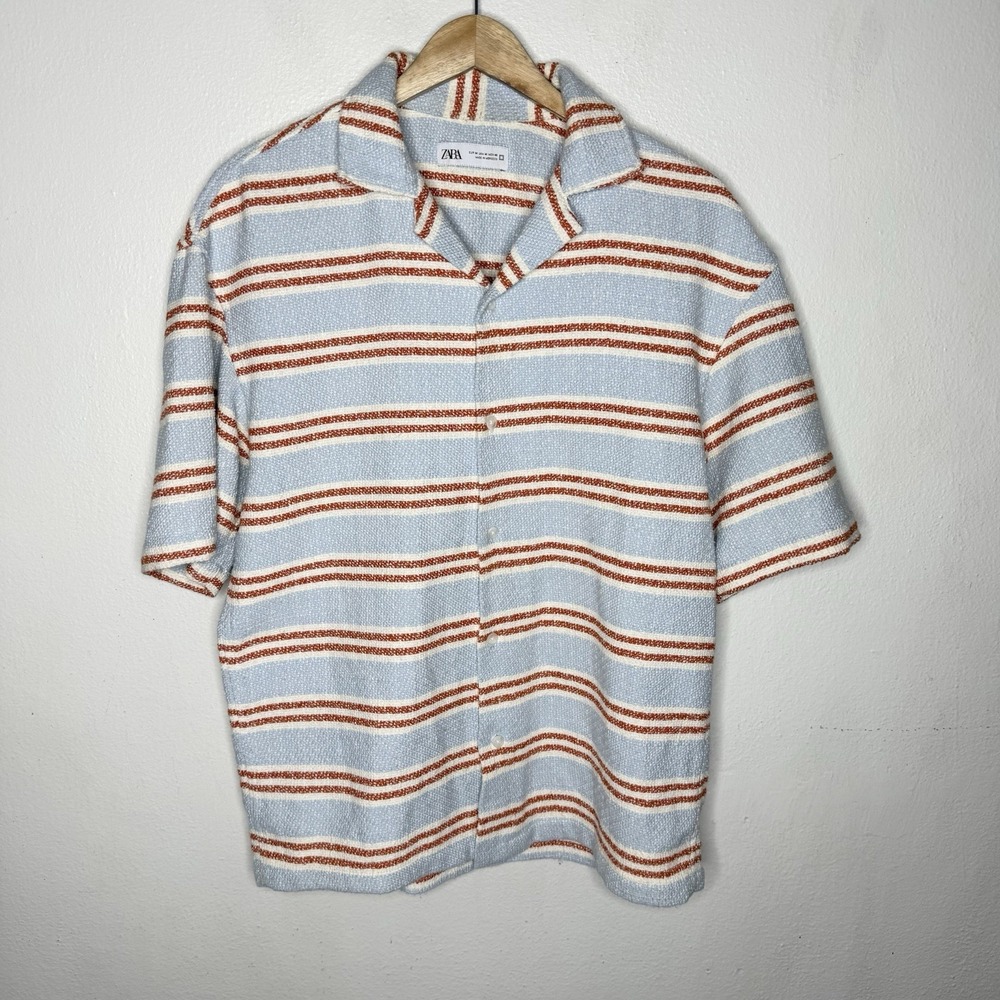 Zara Blue Orange Knit Textured Stripe Short Sleeve Shirt Resortwear Mens Medium